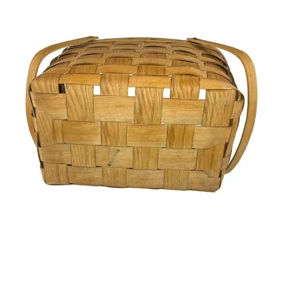Vtg Basketville Woven Wood Picnic Basket Swing Handles Farmhouse Rustic Decor - Picture 3 of 16